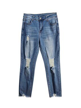NWOT | Medium Wash Distressed Ripped Denim Ankle Skinny Jeans Raw Hem | Size 6